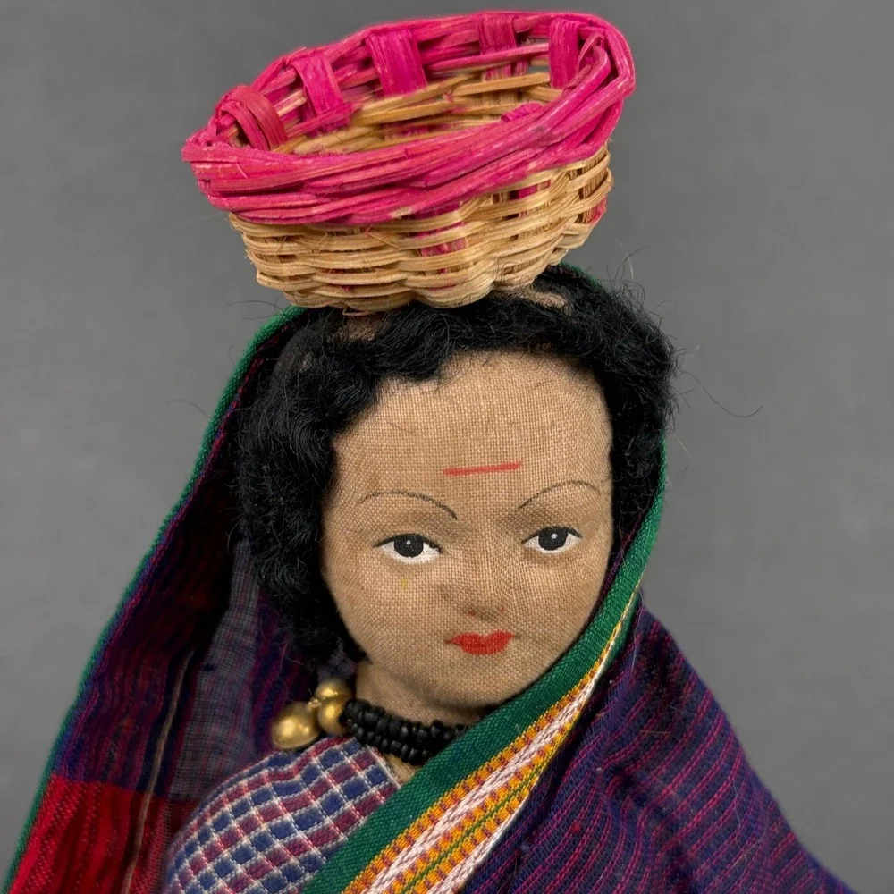 Vtg Indian Handmade Cloth Doll Woman in Traditional Dress Basket 11